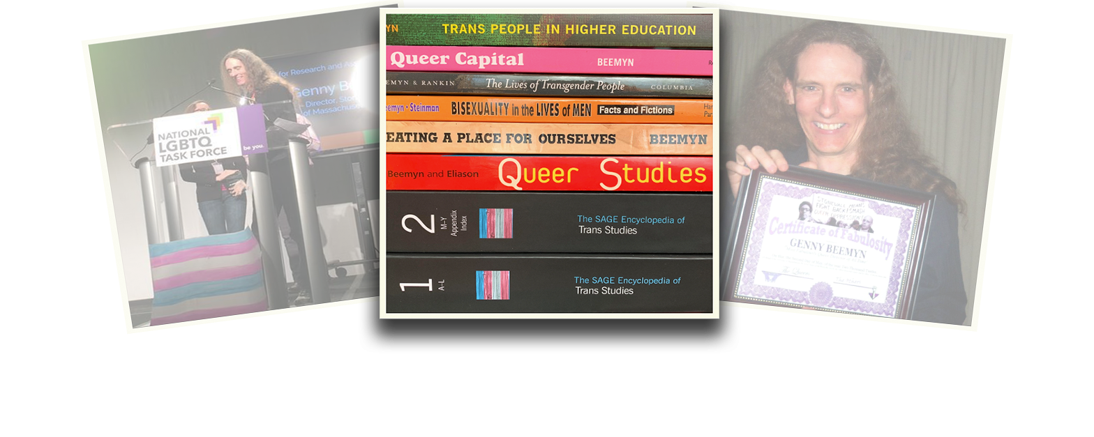 Genny Beemy is featured in a photo composition of three polaroid-styled images overlapping one another. The images on the left and right are at a slight angle and faded. The central image shows a stack of books authored or co-authored by Genny Beemyn. At the bottom of the stack are two volumes of The SAGE Encyclopedia of Trans Studies.