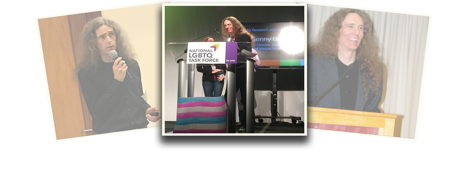 Genny Beemyn is featured in a photo composition of three polaroid-styled images overlapping one another. The images on the left and right are at a slight angle and faded. The central image is of Genny Beemyn in a black shirt, with long hair loose over their shoulders, standing with two people at a podium with a sign that reads "National LGBTQ Task Force." Behind Genny it a screen with their name and title. In front of the podium is a blue, pink and white banner.