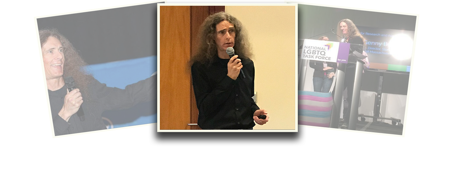 Genny Beemyn is featured in a photo composition of three polaroid-styled images overlapping one another. The images on the left and right are at a slight angle and faded. The central image is of Genny Beemyn in a black shirt, with long hair loose over their shoulders, holding a microphone in one hand and a small remote in the other. Behind them on one side is a wood panel and on the other is a pale yellow wall.