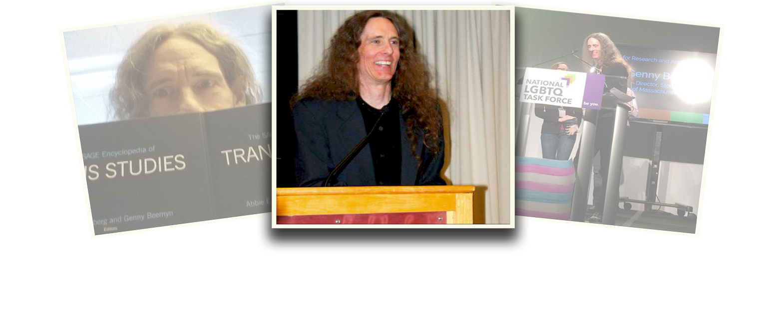 Genny Beemyn is featured in a photo composition of three polaroid-styled images overlapping one another. The images on the left and right are at a slight angle and faded. The central image is of Genny Beemyn in a black shirt and jacket, with long hair loose over their shoulders, smiling widely and standing at a wood podium with a beige curtain behind them.