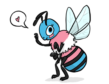 Illustration of a bee facing left with a speech bubble featuring a small heart. The bee features stripes in the colors of the trans flag.