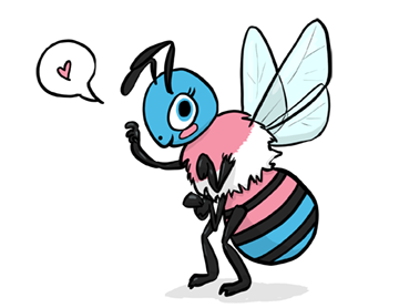 Illustration of a bee facing left with a speech bubble featuring a small heart. The bee features stripes in the colors of the trans flag. Illustration commissioned by transgender author, educator, and speaker Genny Beemyn and designed by Jayke Bouche jaykebouche.com.