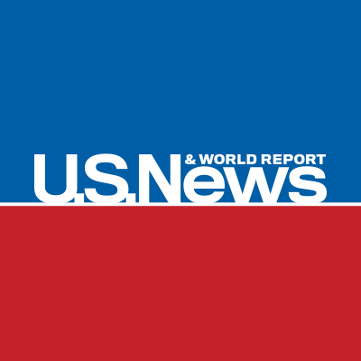 U.S. News and World Report logo featuring white text on a blue and red background.